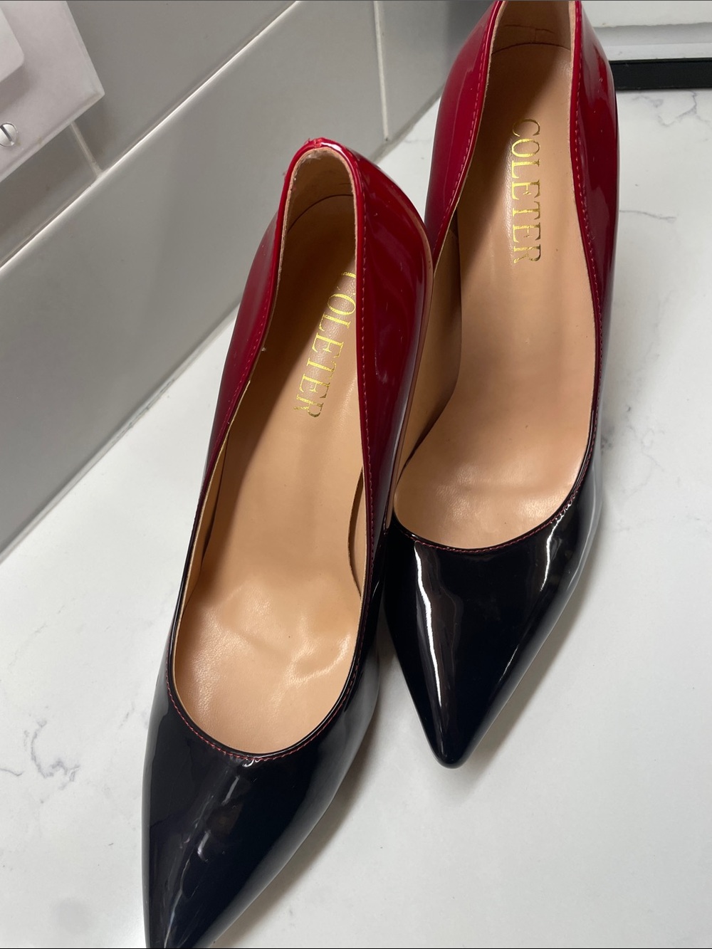 Two-Tone Red and Black Pointed-Toe Pumps